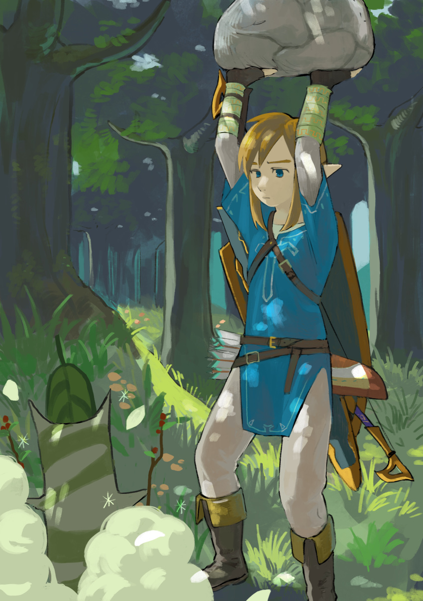 1boy absurdres arrow_(projectile) blue_eyes blue_tunic brown_footwear closed_mouth dappled_sunlight foreshortening grass highres holding_rock link male_focus outdoors pointy_ears rock sad shield solo standing sunlight the_legend_of_zelda the_legend_of_zelda:_breath_of_the_wild tree turquoise_iro