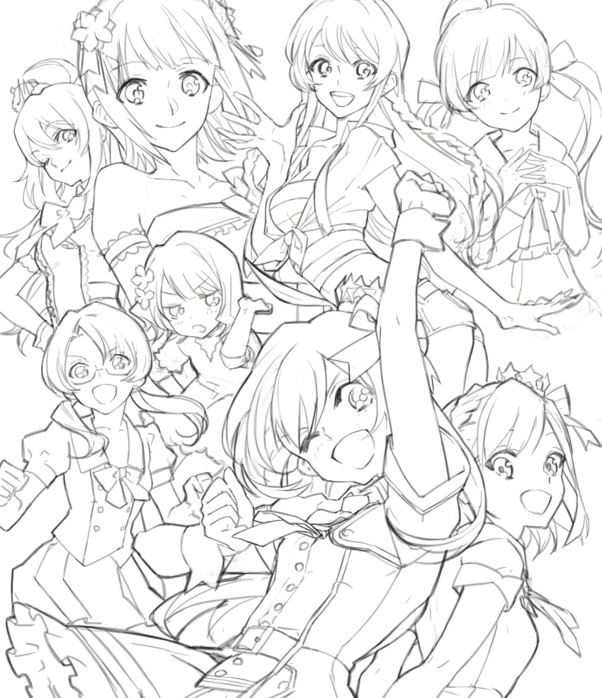 6+girls :d ahoge alternate_costume amami_haruka bangs bare_shoulders bow braid collarbone crown crown_braid flower glasses hair_bow hair_flower hair_ornament hair_ribbon hakozaki_serika highres hoshii_miki idol idol_clothes idolmaster idolmaster_(classic) idolmaster_million_live! idolmaster_million_live!_theater_days kousaka_umi lineart long_hair looking_at_viewer low_twintails mini_crown mochizuki_anna monochrome multiple_girls nanao_yuriko nishihara_isao one_eye_closed open_mouth pleated_skirt prologue_rouge ribbon school_uniform shiny_trinity short_hair side_braid skirt smile suou_momoko takayama_sayoko twintails wrist_cuffs