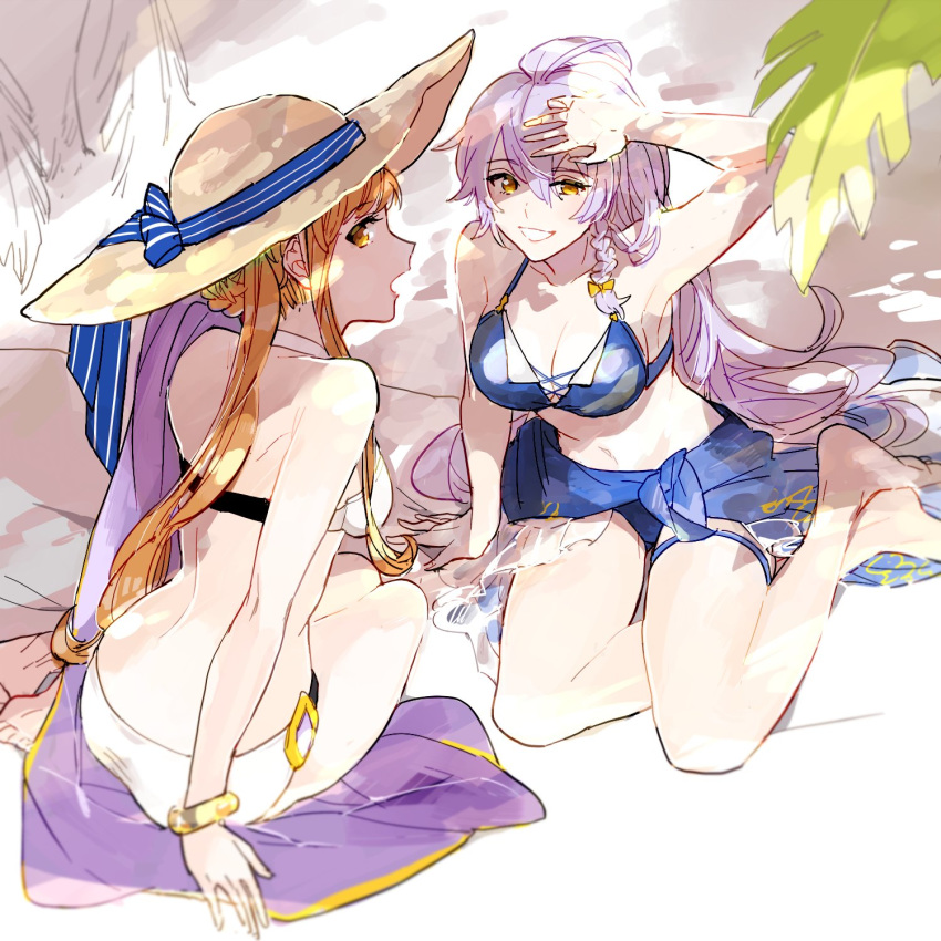 2girls ahoge arm_up bikini bikini_bottom bikini_top braid brown_eyes brown_hair granblue_fantasy hat highres long_hair looking_at_viewer looking_back mra_bot multiple_girls open_mouth sarong shadow silva_(granblue_fantasy) silver_hair sitting smile song_(granblue_fantasy) straw_hat sunlight swimsuit yellow_eyes