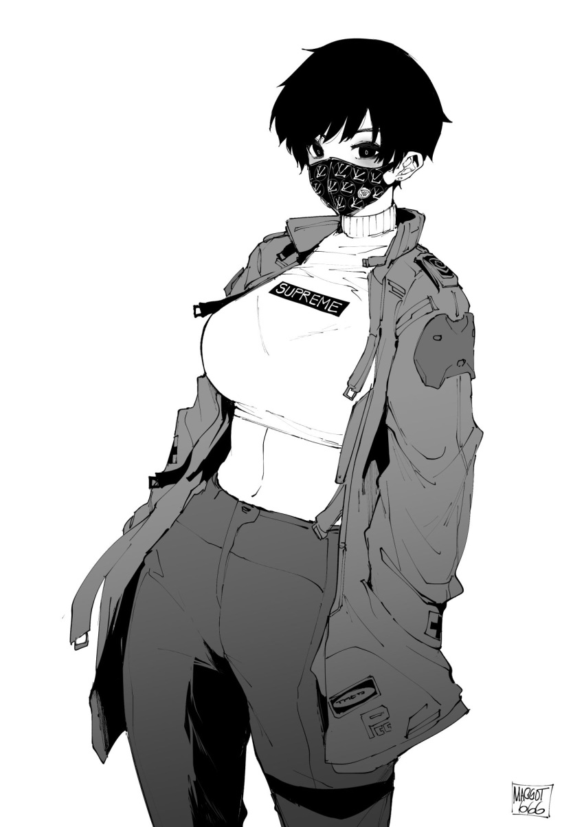 1girl breasts coat crop_top greyscale hands_in_pockets highres large_breasts looking_at_viewer mask midriff monochrome mouth_mask norman_maggot olive_laurentia original pants pixie_cut short_hair simple_background solo supreme turtleneck white_background