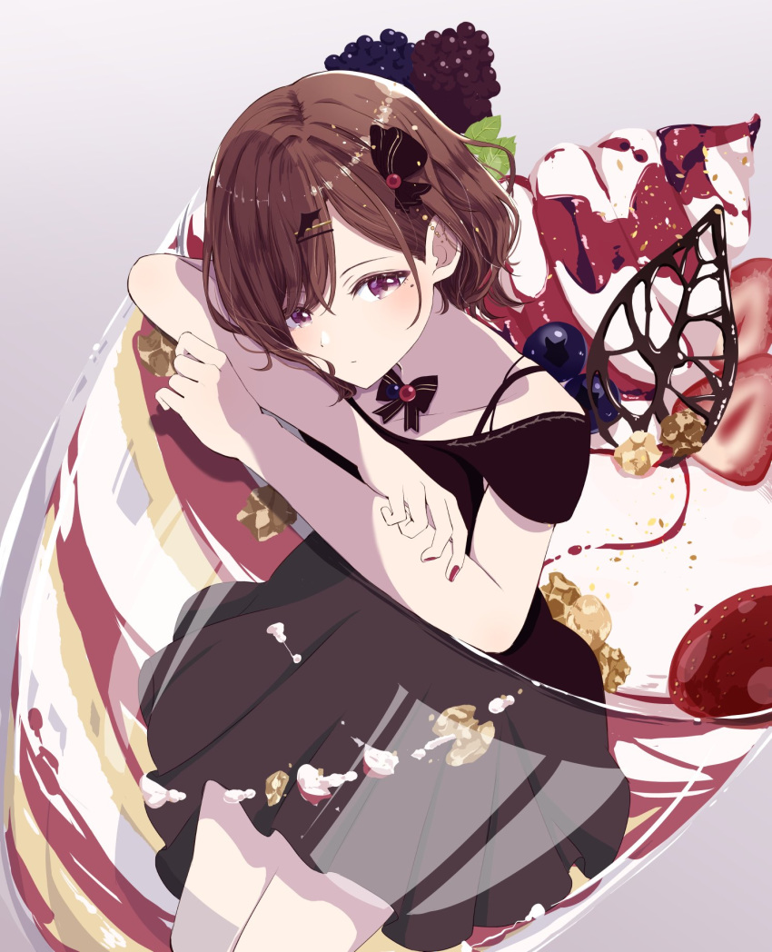 1girl bangs bare_arms bare_legs black_dress blackberry_(fruit) blueberry bow bowtie brown_hair chocolate closed_mouth crossed_arms cup dot_nose dress food fruit hair_ornament hair_ribbon hairclip highres higuchi_madoka idolmaster idolmaster_shiny_colors in_container in_cup in_food mole mole_under_eye morinosato_smsm nail_polish parfait red_nails ribbon serious short_hair short_sleeves simple_background solo spaghetti_strap strawberry violet_eyes whipped_cream