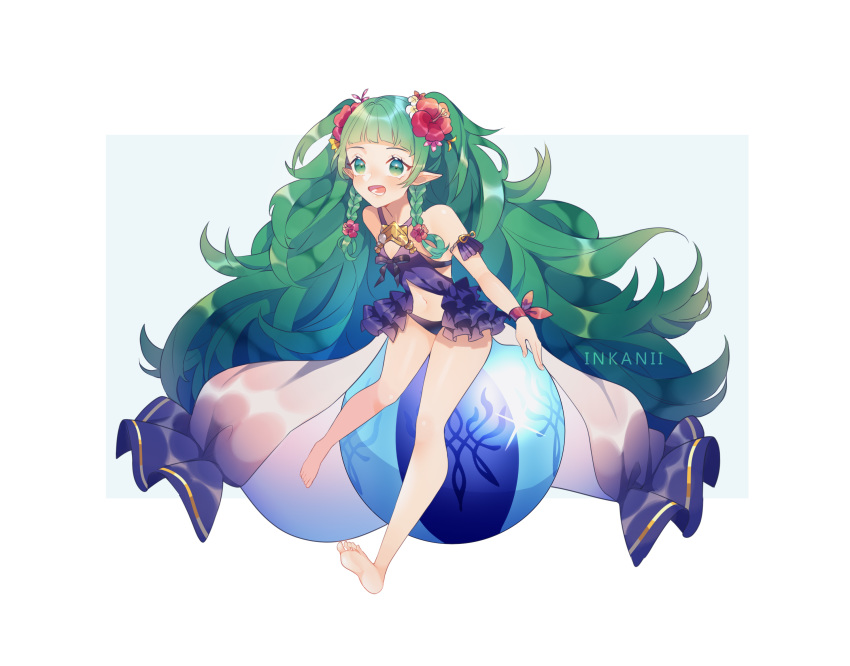 1girl artist_name ball barefoot beachball braid fire_emblem fire_emblem:_three_houses flower full_body green_eyes green_hair hair_flower hair_ornament highres inkanii long_hair open_mouth pointy_ears simple_background solo sothis_(fire_emblem) swimsuit twin_braids