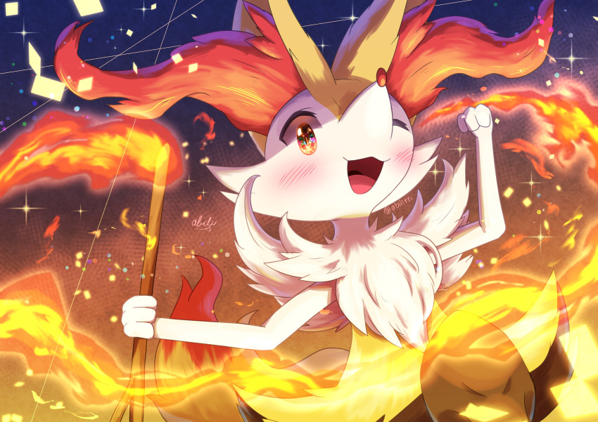 1girl :3 abili absurdres animal_ear_fluff animal_ears arm_up artist_name blush braixen commentary confetti fire fox_ears fox_tail furry gen_6_pokemon gradient gradient_background hand_up happy heart heart_in_eye highres holding jpeg_artifacts leg_up looking_at_viewer one_eye_closed open_mouth orange_eyes pokemon pokemon_(creature) signature smile solo sparkle stick symbol_in_eye tail twitter_username watermark