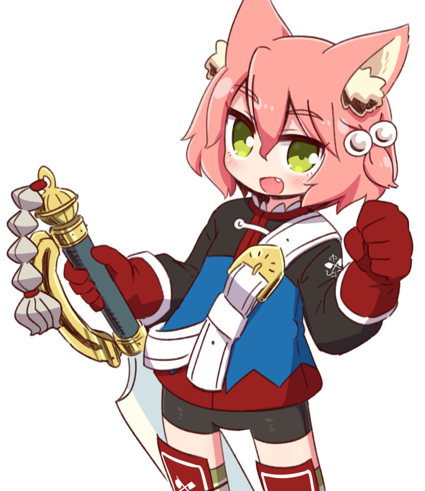 1girl 7th_dragon 7th_dragon_(series) :d animal_ear_fluff animal_ears bangs belt belt_buckle bike_shorts black_shorts blue_jacket blush buckle cat_ears commentary_request eyebrows_visible_through_hair fang gloves green_eyes hair_between_eyes hair_bobbles hair_ornament harukara_(7th_dragon) highres holding holding_sword holding_weapon jacket long_sleeves looking_at_viewer naga_u one_side_up open_mouth pink_hair red_gloves short_hair short_shorts shorts simple_background smile solo striped striped_legwear sword thigh-highs weapon white_background white_belt