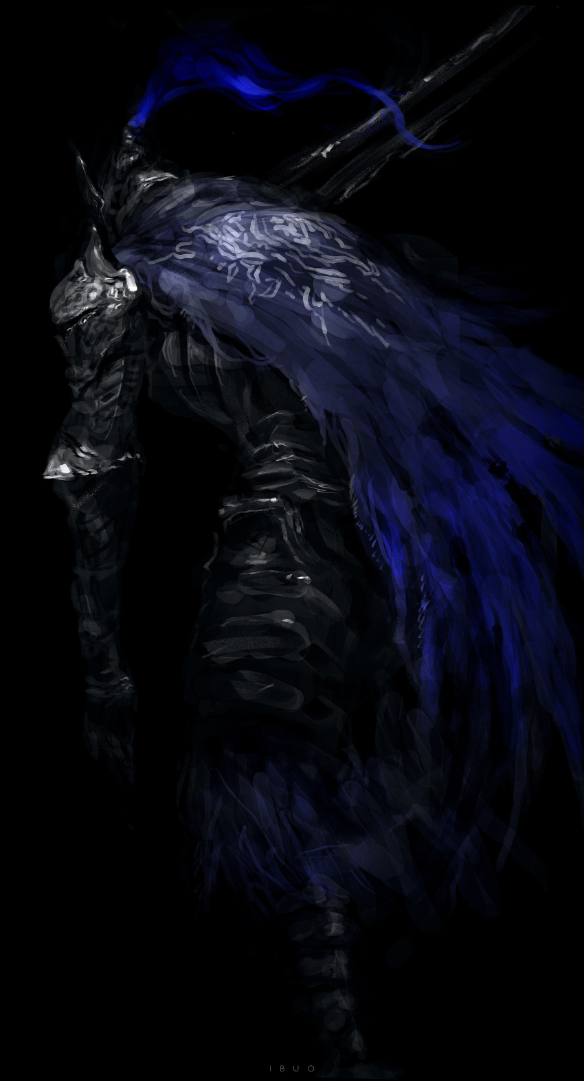 1boy absurdres arm_at_side armor armored_boots artist_name artorias_the_abysswalker black_background blue_cape boots breastplate cape dark dark_souls densen_(itoguchi) facing_away faulds full_armor full_body gauntlets greatsword helmet highres holding holding_sword holding_weapon knight leaning_forward male_focus over_shoulder pauldrons plate_armor plume shoulder_armor simple_background solo souls_(from_software) sword tattered_cape walking weapon
