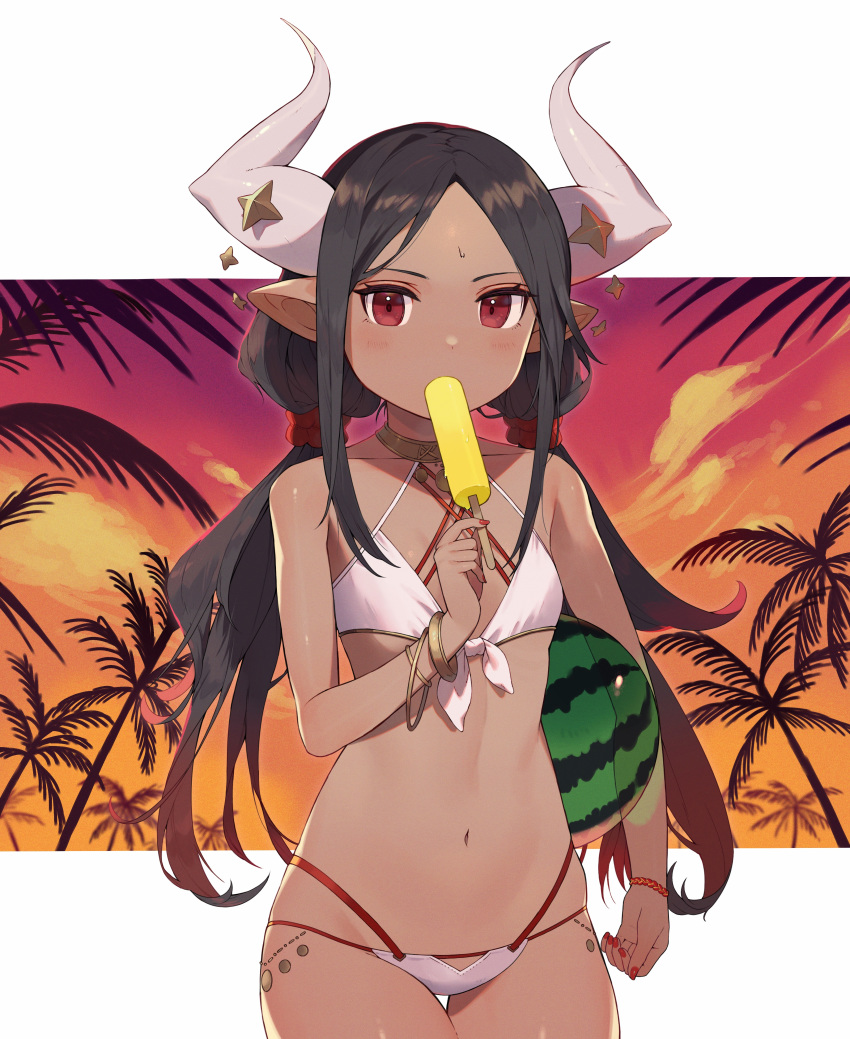 1girl absurdres ball bangle bangs bare_shoulders beachball bikini black_hair blush bracelet collarbone cowboy_shot dark_skin eating flat_chest food forehead gradient_hair highres holding holding_food horn_ornament horns jewelry low_twintails multicolored_hair nail_polish navel orange_sky original outside_border palm_tree parted_bangs pointy_ears popsicle red_eyes red_nails redhead shibainu sidelocks sky solo stomach sweat swimsuit thigh_gap tree twintails white_bikini
