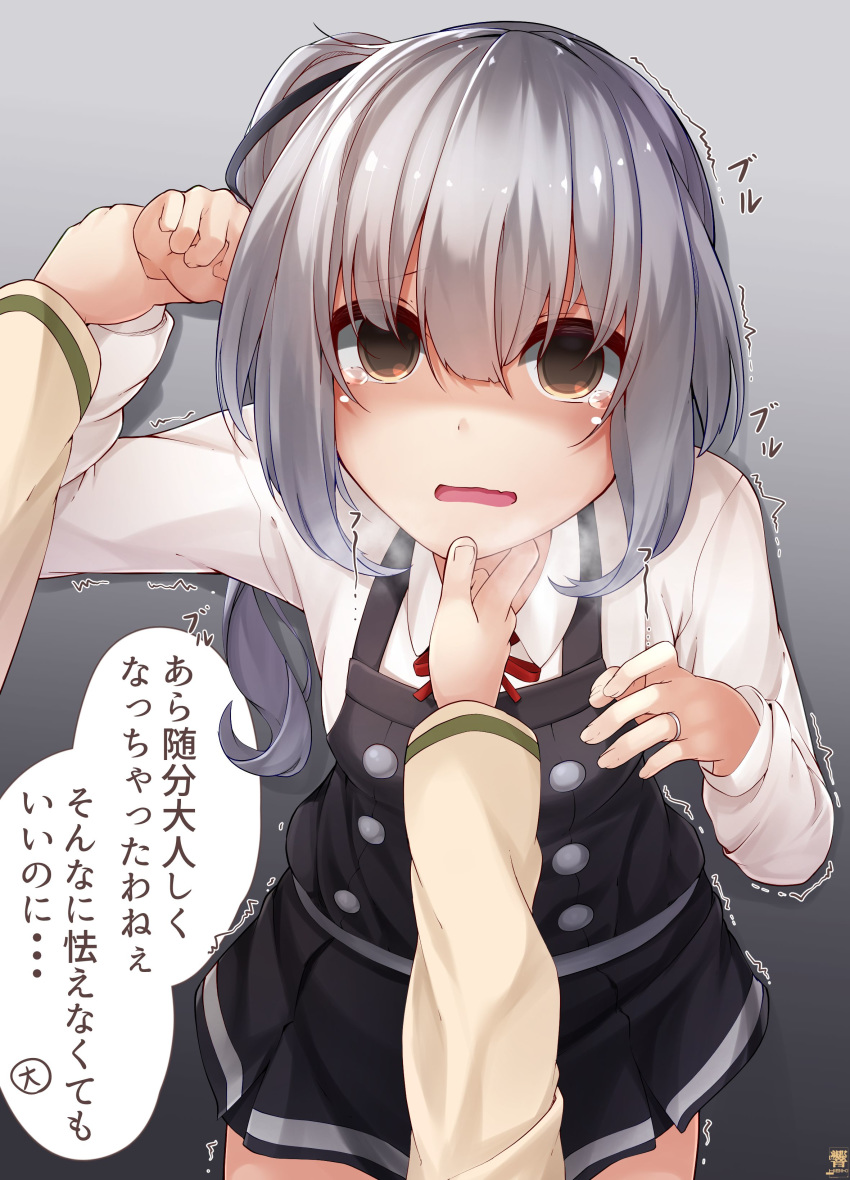 2girls absurdres black_dress black_ribbon brown_eyes buttons collared_shirt dress eyebrows_visible_through_hair grey_hair hair_ribbon hibiki_zerocodo highres jewelry kantai_collection kasumi_(kantai_collection) long_hair long_sleeves multiple_girls ooi_(kantai_collection) open_mouth pinafore_dress red_ribbon remodel_(kantai_collection) ribbon ring shirt side_ponytail signature solo_focus speech_bubble tears translation_request wedding_band white_shirt