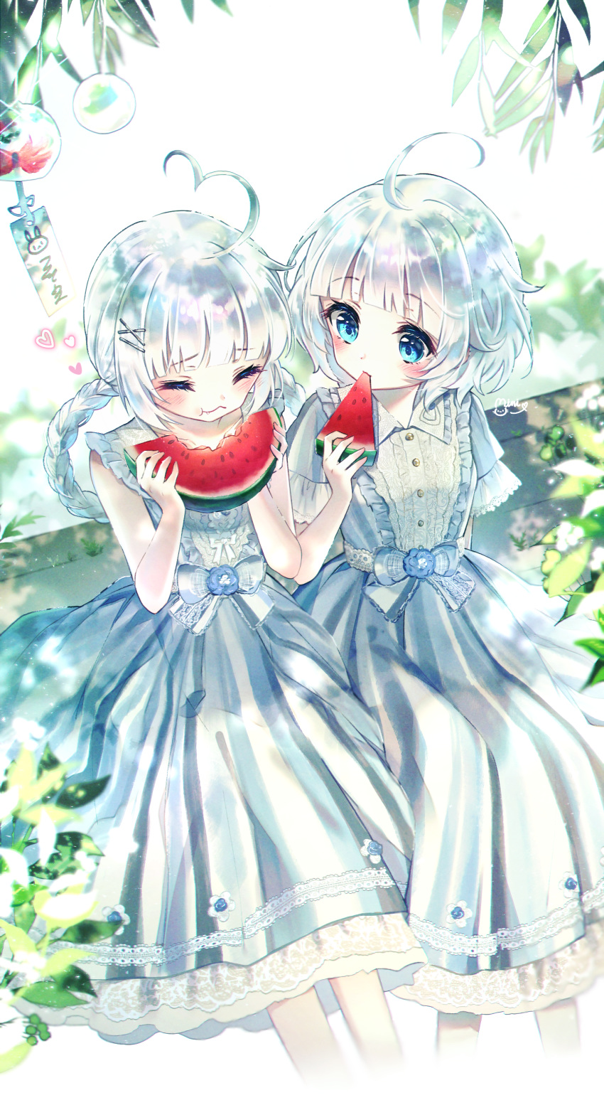 2girls :t absurdres ahoge bangs bare_arms blue_eyes blue_flower blunt_bangs blurry blurry_background blush braid closed_mouth commission danby_merong dappled_sunlight depth_of_field dress eating eyebrows_visible_through_hair fang fang_out flower food fruit grey_dress hair_ornament hairclip heart_ahoge highres holding holding_food long_hair multiple_girls original short_sleeves signature silver_hair sitting sleeveless sleeveless_dress summer sunlight twin_braids very_long_hair watermelon wavy_mouth wind_chime x_hair_ornament