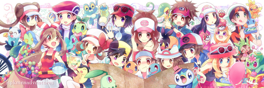 6+boys 6+girls :d :o :q antenna_hair bangs beanie berry_(pokemon) black_hair blue_(pokemon) blue_eyes blue_jacket blush bow bracelet brown_eyes brown_hair bulbasaur calme_(pokemon) candy candy_cane charmander chespin chikorita chimchar closed_mouth cyndaquil eyewear_on_headwear fennekin food froakie gen_1_pokemon gen_2_pokemon gen_3_pokemon gen_4_pokemon gen_5_pokemon gen_6_pokemon gold_(pokemon) green_eyes hairband happy haruka_(pokemon) hat hat_ribbon hikari_(pokemon) holding holding_poke_ball jacket jewelry kokoroko kotone_(pokemon) kouki_(pokemon) kyouhei_(pokemon) long_hair looking_down mei_(pokemon) mini_hat multiple_boys multiple_girls on_head open_mouth oshawott pink_bow piplup pleated_skirt poke_ball poke_ball_print pokemon pokemon_(creature) pokemon_(game) pokemon_bw pokemon_bw2 pokemon_dppt pokemon_frlg pokemon_gsc pokemon_hgss pokemon_on_head pokemon_oras pokemon_platinum pokemon_rgby pokemon_xy red_(pokemon) red_hairband red_headwear red_skirt ribbon sack serena_(pokemon) shirt short_sleeves shorts sidelocks skirt sleeveless smile snivy squirtle striped sunglasses tank_top tepig tongue tongue_out torchic totodile touko_(pokemon) touya_(pokemon) treecko turtleneck turtwig twintails vertical_stripes visor_cap wailmer watermark white_headwear yuuki_(pokemon)