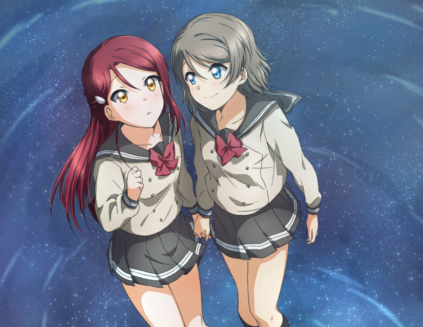 2girls absurdres bangs black_legwear blue_eyes bow bowtie braid closed_mouth collarbone couple floating_hair french_braid from_above grey_hair grey_sailor_collar grey_skirt hair_between_eyes hair_ornament hairclip highres holding_hands kneehighs long_hair looking_at_another love_live! love_live!_sunshine!! miniskirt multiple_girls parted_lips pleated_skirt red_bow red_neckwear redhead sailor_collar sakurauchi_riko shiny shiny_hair skirt smile standing watanabe_you water_surface yellow_eyes yuchi_(salmon-1000) yuri