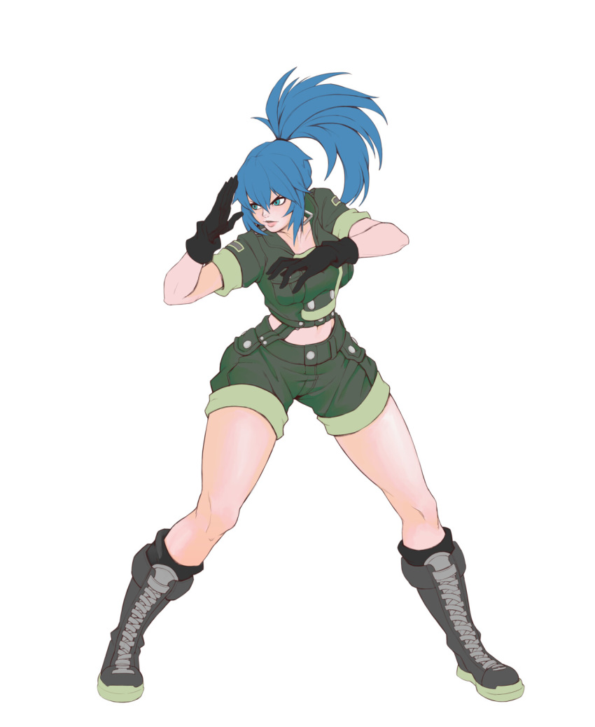 1girl bangs black_gloves blue_eyes blue_hair boots earrings fighting_stance full_body gloves green_jacket green_shorts highres jacket jewelry leona_heidern lips mackenziko military military_uniform ponytail shorts snk solo the_king_of_fighters thick_lips thighs uniform white_background
