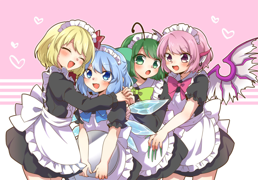 4girls alternate_costume antennae apron bird_wings black_dress blonde_hair blue_eyes blue_hair blue_neckwear bow bowtie cirno claws closed_eyes commentary_request cowboy_shot dress enmaided fang green_eyes green_hair hair_ribbon hand_on_another's_shoulder head_to_head heart heart_background holding holding_hands holding_tray hug jewelry long_sleeves looking_at_another looking_at_viewer maid maid_apron maid_headdress multiple_girls mystia_lorelei nail_polish namino. open_mouth partial_commentary pink_background pink_hair pink_neckwear red_neckwear ribbon rumia short_hair single_earring skin_fang standing team_9 touhou tray two-tone_background violet_eyes white_background wings wriggle_nightbug yellow_neckwear