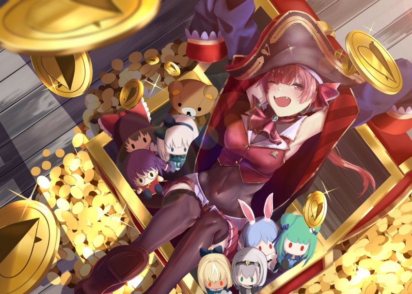 1girl absurdres arenoyoni armpits coin hat highres hololive houshou_marine long_hair long_sleeves looking_at_viewer navel one_eye_closed open_mouth pirate pirate_hat red_eyes red_ribbon redhead ribbon stuffed_toy thigh-highs tooth treasure_chest virtual_youtuber