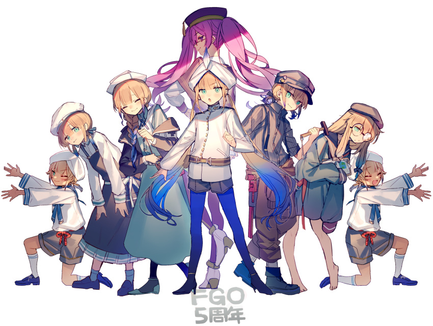 anniversary barefoot beret braid captain_nemo_(fate/grand_order) closed_eyes dress fate/grand_order fate_(series) glasses gradient_hair hammer hands_on_own_knees hat highres mebaru multicolored_hair one_eye_closed pose purple_hair shorts sion_eltnam_sokaris sleeves_past_fingers sleeves_past_wrists smile suspenders turban twintails type-moon