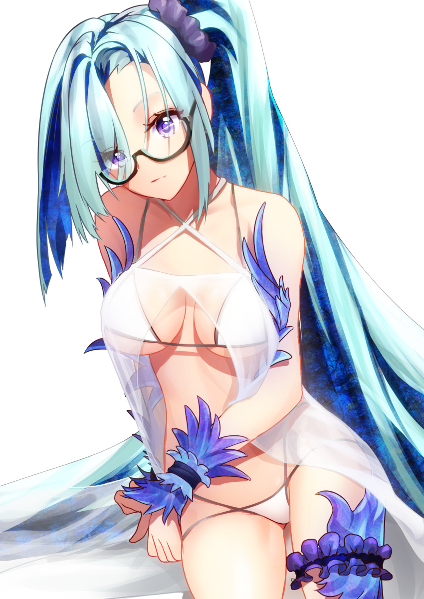 1girl bangs bare_shoulders bikini blue_hair breasts brynhildr_(fate) closed_mouth collarbone fate/grand_order fate_(series) glasses highres large_breasts leg_garter long_hair looking_at_viewer navel side_ponytail simple_background sitting spica_(starlitworks) swimsuit thighs violet_eyes white_background white_bikini