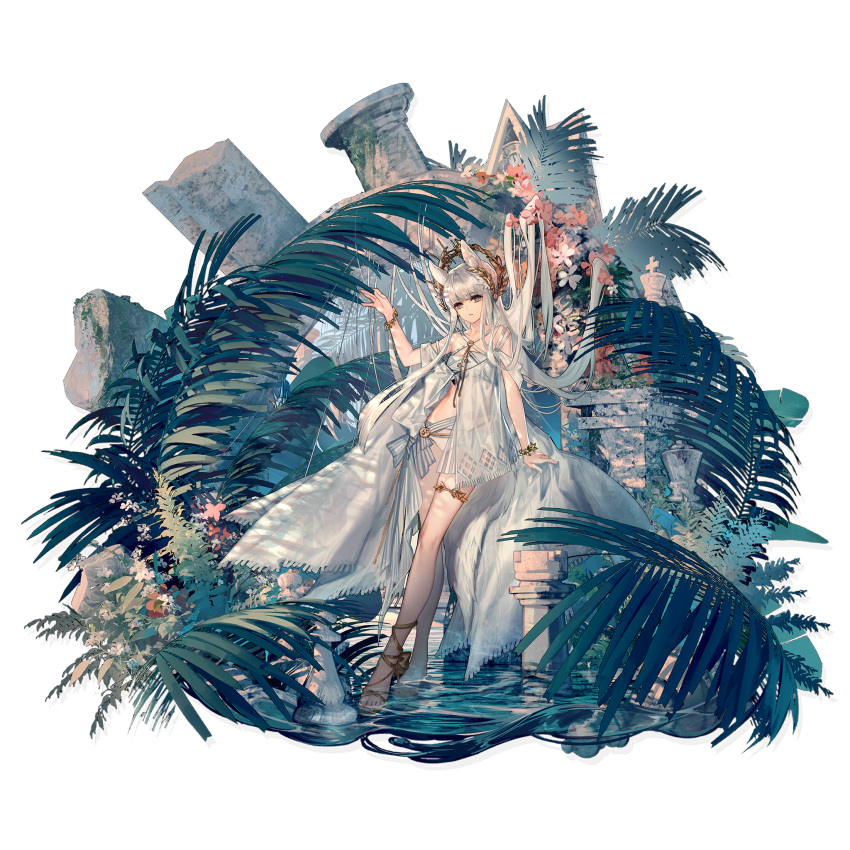 1girl animal_ears arknights barefoot bikini bracelet cathedral chess_piece dress high_heels highres horse_ears horse_girl jewelry leaning_back long_hair long_legs looking_at_viewer official_art platinum_(arknights) pointy_ears skade solo swimsuit transparent_background very_long_hair water white_dress white_hair wreath yellow_eyes
