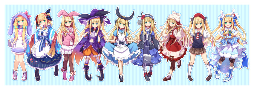 1girl :d alternate_costume alternate_hair_length alternate_hairstyle animal_band_legwear animal_ears animal_hood apron argyle argyle_legwear bangs baram bell beret black_bow black_footwear black_legwear black_ribbon blonde_hair blue_background blue_bow blue_capelet blue_dress blue_footwear blue_hairband blue_kimono blue_skirt blue_sleeves blunt_bangs blush bobby_socks boots bow brown_footwear brown_legwear brown_pants brown_skirt bunny_band_legwear bunny_hood cabbie_hat candy_hair_ornament candy_wrapper capelet center_frills checkered checkered_ribbon closed_mouth clothes_writing collarbone commentary_request cross-laced_footwear detached_sleeves diagonal-striped_neckwear diagonal_stripes drawstring dress elbow_gloves eyebrows_visible_through_hair fake_animal_ears floral_print flower food_themed_hair_ornament frilled_apron frilled_dress frilled_skirt frills fur-trimmed_capelet fur-trimmed_dress fur-trimmed_legwear fur-trimmed_shirt fur-trimmed_sleeves fur_trim gloves green_eyes hair_bow hair_flower hair_ornament hair_ribbon hairband hand_on_hip hand_up hands_on_hips hands_up hat hat_ribbon highres holding holding_hair hood hood_up hoodie japanese_clothes kimono knee_boots kneehighs knees_together_feet_apart lace-up_boots loafers long_hair long_sleeves looking_at_viewer low_twintails maid_apron mary_janes mononobe_alice multiple_views navel navel_cutout nijisanji one_side_up open_mouth orange_shorts outline pants pantyhose parted_lips pigeon-toed pinching_sleeves pink_flower pink_footwear pink_hairband pink_legwear pink_ribbon pink_shirt plaid plaid_hairband plaid_headwear pleated_skirt pocket_watch pom_pom_(clothes) print_dress print_kimono puffy_long_sleeves puffy_short_sleeves puffy_shorts puffy_sleeves purple_gloves purple_headwear purple_hoodie rabbit_ears red_bow red_dress red_flower red_headwear red_rose ribbon romaji_text rose sailor_collar school_uniform see-through serafuku shirt shoes short_over_long_sleeves short_sleeves shorts sidelocks skirt skirt_hold sleeveless sleeveless_dress sleeves_past_wrists smile snowflake_print socks standing standing_on_one_leg star_(symbol) star_hair_ornament striped striped_background striped_bow striped_legwear striped_neckwear sweater sweater_vest turtleneck turtleneck_sweater twintails two_side_up unmoving_pattern vertical-striped_legwear vertical-striped_skirt vertical_stripes very_long_hair virtual_youtuber wa_maid watch white_apron white_gloves white_headwear white_legwear white_outline white_sailor_collar white_shirt white_skirt white_sweater wide_sleeves witch_hat