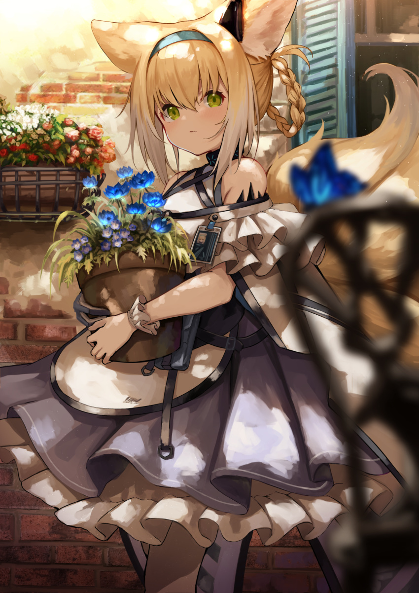 1girl animal_ears arknights blue_flower blurry blurry_foreground braid depth_of_field dress flower flower_pot fox_ears fox_girl fox_tail frilled_dress frills hair_rings hairband highres holding konome_noi long_hair looking_at_viewer multiple_tails ore_lesion_(arknights) plant potted_plant shoulder_cutout solo standing suzuran_(arknights) tail wrist_cuffs