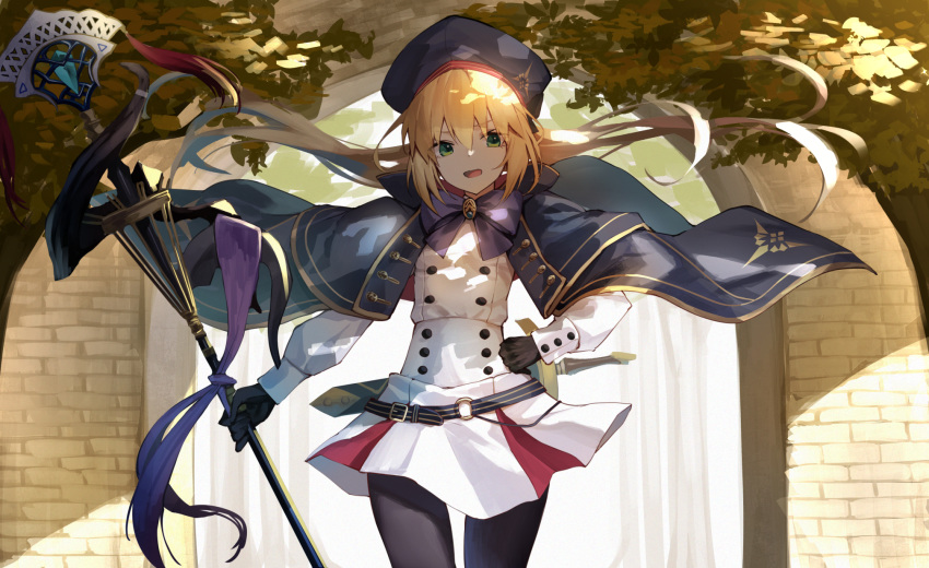 1girl arch artoria_pendragon_(all) artoria_pendragon_(caster) black_gloves blonde_hair bow branch brick_wall buttons capelet double-breasted eyebrows_visible_through_hair fate/grand_order fate_(series) gloves green_eyes hand_on_hip hat highres leggings long_hair miniskirt open_mouth pleated_skirt sheath sheathed short_sword skirt solo staff sword weapon wind yuuuuu