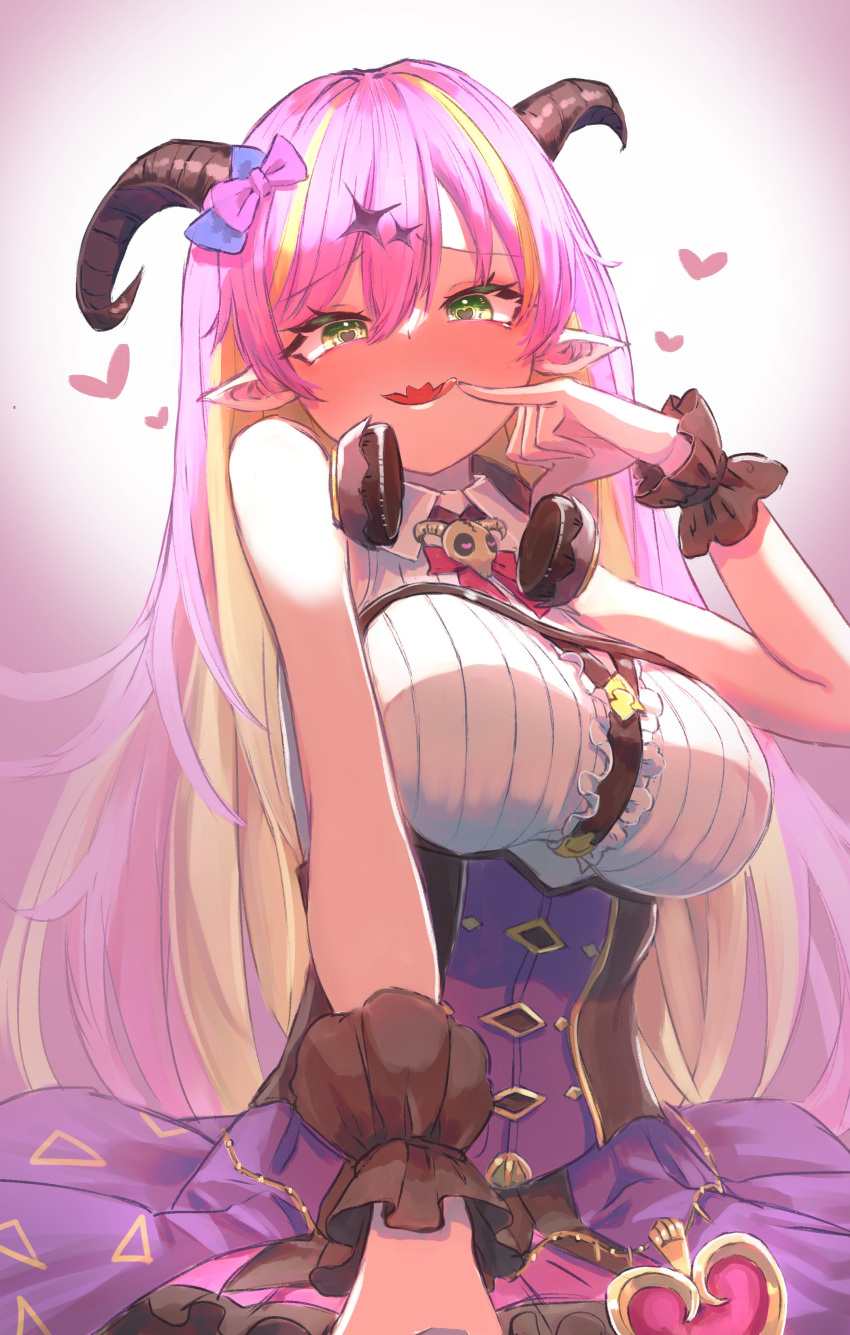 1girl absurdres bare_shoulders blonde_hair blush bow breasts cowgirl_position demon_horns eyebrows_visible_through_hair fangs girl_on_top green_eyes hair_between_eyes hair_bow hair_ornament headphones headphones_around_neck heart heart-shaped_pupils highres hololive horns licking_lips long_hair looking_at_viewer mano_aloe multicolored_hair open_mouth pink_hair pinky_out pointy_ears pov roco_(rocoroco1115) sleeveless smile solo straddling symbol-shaped_pupils tongue tongue_out two-tone_hair virtual_youtuber