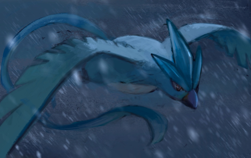 af_(afloatisland) articuno beak bird closed_mouth commentary_request flying gen_1_pokemon legendary_pokemon no_humans pokemon pokemon_(creature) snow snowing solo
