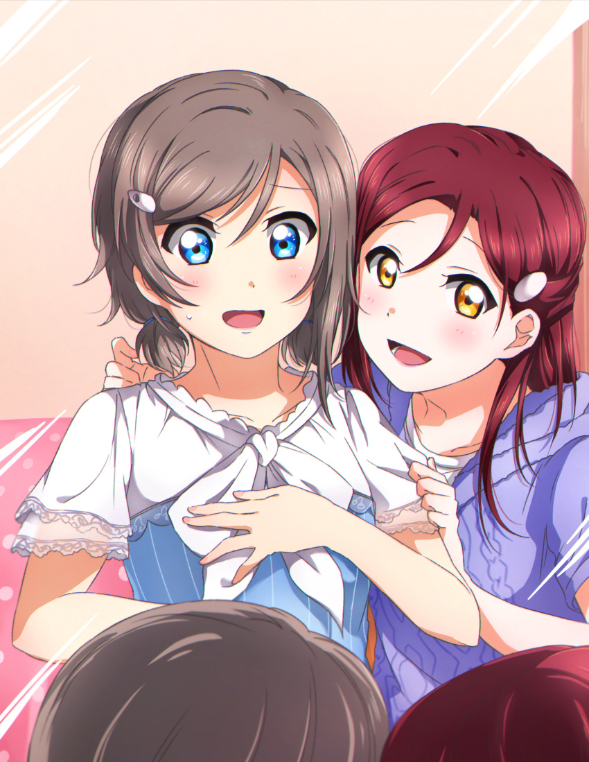 2girls :d absurdres bangs blue_eyes blush collarbone grey_hair hair_between_eyes hair_ornament hairclip highres hood hood_down hooded_sweater long_hair love_live! love_live!_sunshine!! low_twintails mirror multiple_girls open_mouth portrait purple_sweater redhead sakurauchi_riko shiny shiny_hair short_hair short_sleeves short_twintails smile sweatdrop sweater swept_bangs twintails upper_body watanabe_you yellow_eyes yuchi_(salmon-1000)