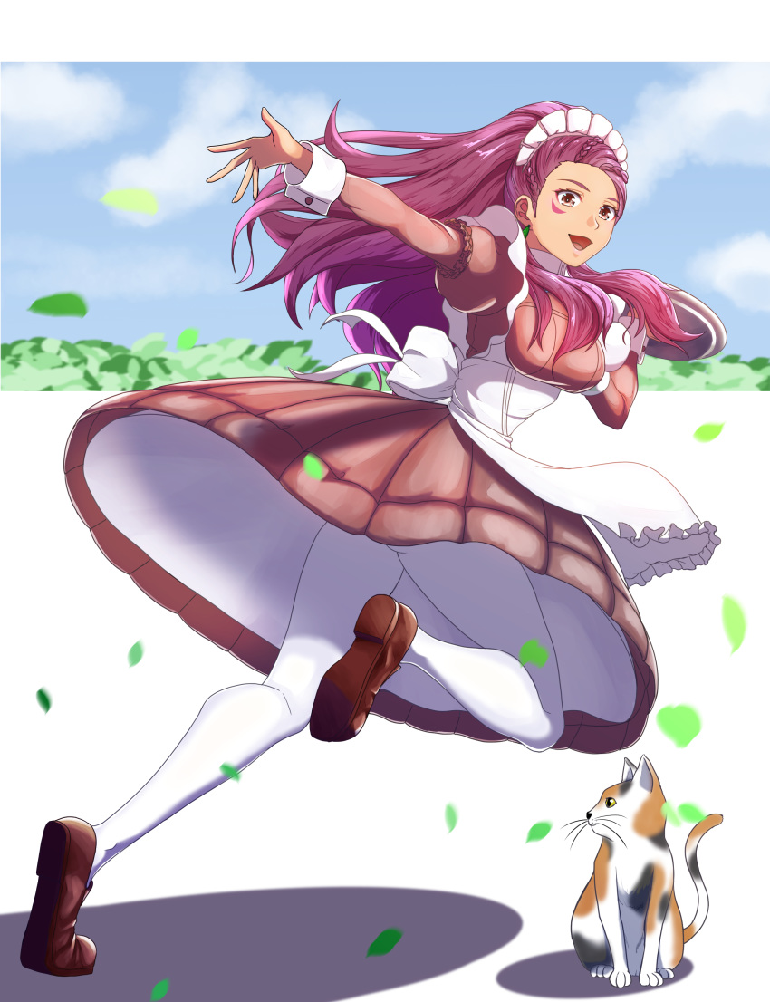 1girl :d absurdres alternate_costume apron back_bow bow brown_eyes brown_skirt cat earrings enmaided facial_mark fire_emblem fire_emblem:_three_houses floating_hair full_body highres jewelry leg_up loafers long_hair long_sleeves looking_at_viewer maid open_mouth outstretched_arm pantyhose petra_macneary pink_hair pink_shirt pleated_skirt running shiny shiny_hair shirt shoes short_over_long_sleeves short_sleeves skirt smile solo sukkirito_(rangusan) very_long_hair white_apron white_bow white_legwear