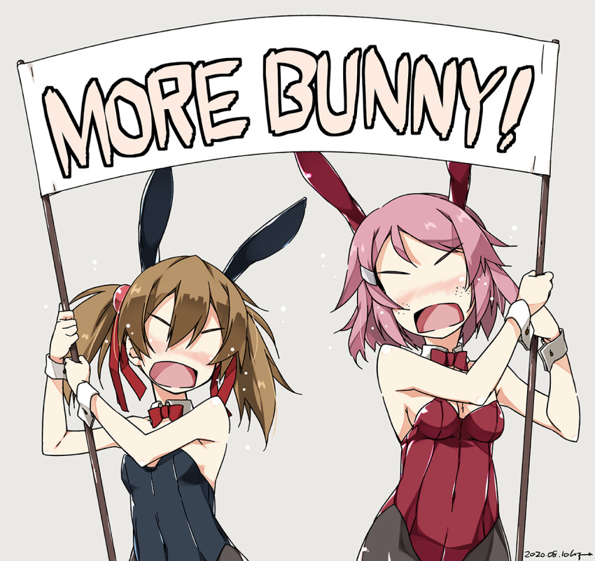 2girls animal_ears bangs banner bare_shoulders black_leotard blush bow bowtie breasts brown_hair bunny_girl bunnysuit commentary dated detached_collar english_text facing_viewer grey_background hair_between_eyes hair_ornament hair_ribbon hairclip highres leotard lisbeth medium_breasts medium_hair more_deban multiple_girls no_eyes pantyhose pink_hair rabbit_ears rectangular_mouth red_leotard red_ribbon ribbon shikei signature silica simple_background sword_art_online twintails v-shaped_eyebrows wrist_cuffs
