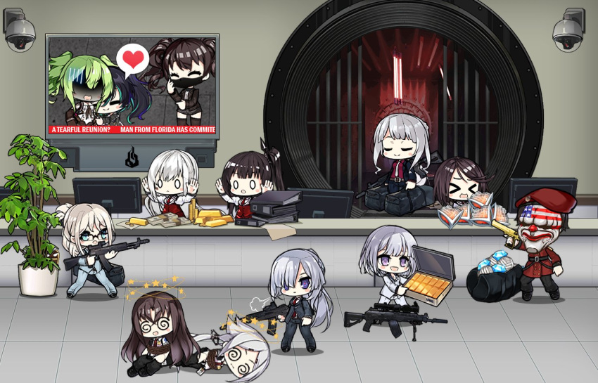 &gt;_&lt; 1boy 6+girls ak-12_(girls_frontline) ak-15 ak-15_(girls_frontline) alternate_costume alternate_hairstyle an-94 an-94_(girls_frontline) architect_(girls_frontline) arms_up assault_rifle bag bangs bank_vault beret bills binder bipod black_hair blue_eyes bound camera chibi closed_eyes clown_mask coin commander_(girls_frontline) commentary covered_mouth defy_(girls_frontline) desert_eagle diamond_(gemstone) dizzy_(feeling) drum_magazine duffel_bag english_commentary english_text executioner_(girls_frontline) formal gager_(girls_frontline) girls_frontline glasses gold_bar green_hair gun handgun hat heart hostage houston_(payday) hug hunter_(girls_frontline) intruder_(girls_frontline) long_hair m950a_(girls_frontline) mask military military_uniform monitor multicolored_hair multiple_girls necktie o_o one_side_up open_mouth payday_(series) plant red_headwear rifle robbery rope rpk-16_(girls_frontline) saf_(girls_frontline) sangvis_ferri scarecrow_(girls_frontline) shaded_face sidelocks silver_hair smile spiral_eyes spoken_heart streaked_hair suit suitcase television the_mad_mimic thigh-highs tied_up token twintails uniform violet_eyes weapon white_hair