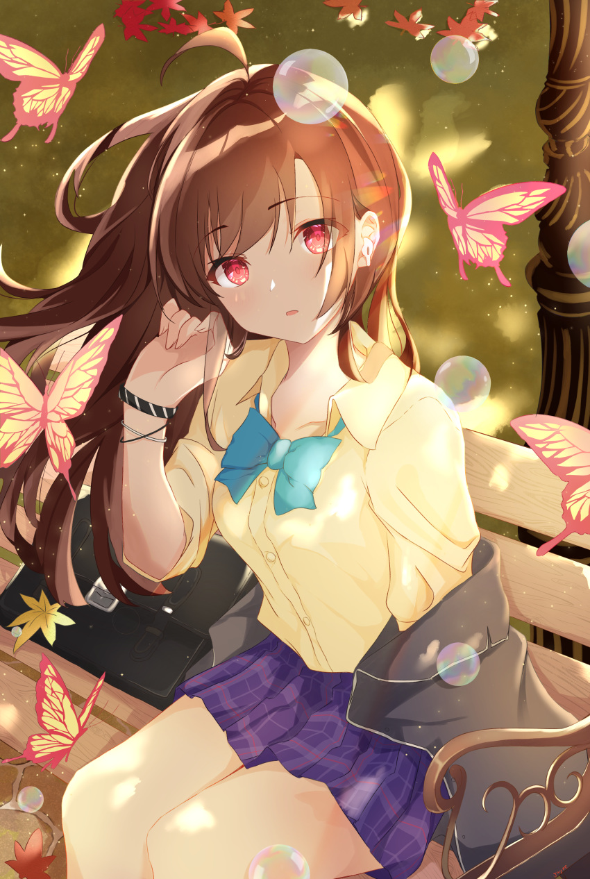 1girl absurdres antenna_hair autumn_leaves bag bench blazer blue_ribbon brown_hair bubble bug butterfly eyebrows_visible_through_hair floating_hair highres insect jacket lamppost long_hair open_mouth red_eyes ribbon school_uniform sitting skirt solo vayneeeee wristband