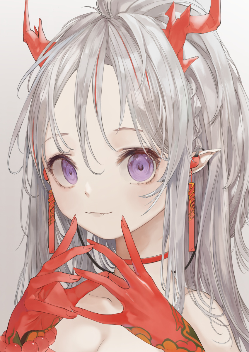 1girl absurdres arknights close-up grey_hair hands_together highres horns looking_at_viewer mile_(mil2) nian_(arknights) pointy_ears solo tied_hair violet_eyes