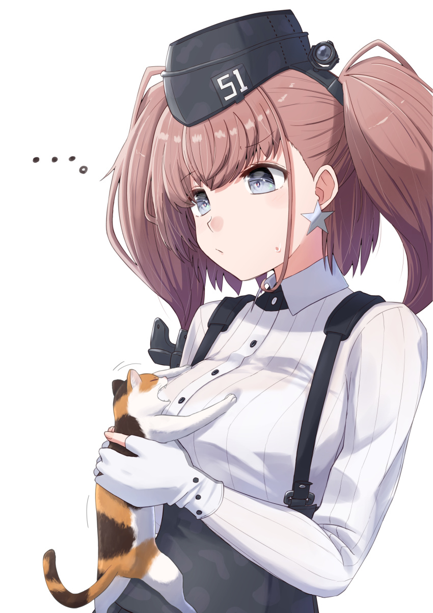 ... 1girl absurdres anchor_hair_ornament animal atlanta_(kantai_collection) bangs black_headwear black_skirt breasts brown_hair cat closed_mouth earrings eyebrows_visible_through_hair garrison_cap gloves hair_ornament hat headgear highres holding holding_animal holding_cat houraijin jewelry kantai_collection large_breasts long_hair long_sleeves partly_fingerless_gloves simple_background single_earring skirt solo star_(symbol) star_earrings suspender_skirt suspenders sweat two_side_up upper_body white_background