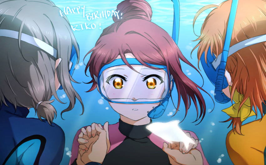 3girls brown_hair character_name fish floating_hair grey_hair happy_birthday highres holding_hands instrument love_live! love_live!_sunshine!! multiple_girls portrait redhead sakurauchi_riko shiny shiny_hair short_hair short_twintails takami_chika tuba twintails underwater watanabe_you wetsuit yellow_eyes yuchi_(salmon-1000)