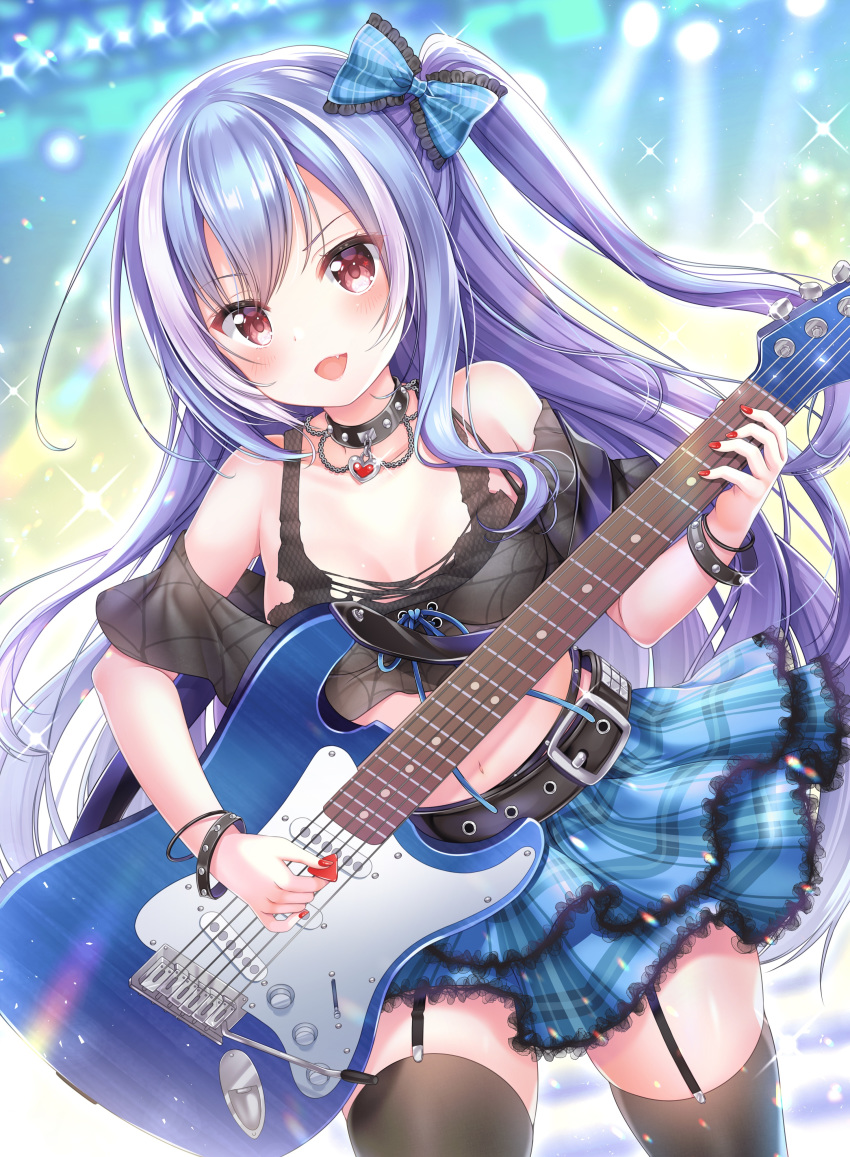 1girl :d absurdres aoba_project aoba_rena bare_shoulders belt black_bra black_legwear black_shirt blue_hair blue_skirt bow bra bracelet breasts choker collarbone cowboy_shot crop_top electric_guitar fang garter_straps glint guitar hair_bow heart highres instrument jewelry layered_skirt long_hair looking_at_viewer medium_breasts midriff miniskirt multicolored_hair music nail_polish navel off-shoulder_shirt off_shoulder one_side_up open_mouth plaid plaid_skirt playing_instrument punk red_eyes red_nails sakura_moyon shirt skindentation skirt smile solo sparkle stage_lights stratocaster thigh-highs torn_clothes two-tone_hair underwear v-shaped_eyebrows very_long_hair white_hair zettai_ryouiki