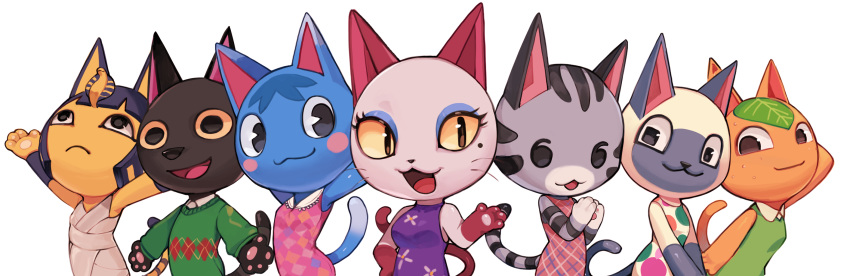 6+girls :3 animal_ears arched_back argyle argyle_dress arm_behind_head arm_up arms_up bandages bangs bare_shoulders black_eyes blonde_hair blue_eyeshadow blue_hair blunt_bangs bouquet_(doubutsu_no_mori) breasts brown_eyes cat_ears cat_tail caviar_(doubutsu_no_mori) closed_mouth commentary doubutsu_no_mori dress egyptian eyeshadow flat_chest floral_print green_dress green_sweater hair_ornament hand_on_hip hand_up hands_together hands_up happy highres hyakupaa_(doubutsu_no_mori) leaf leaning_forward looking_at_another looking_at_viewer looking_to_the_side looking_up makeup maru_(doubutsu_no_mori) medium_breasts mole mole_under_eye multicolored multicolored_clothes multicolored_dress multicolored_hair multiple_girls nile_(doubutsu_no_mori) olivia_(doubutsu_no_mori) open_mouth outstretched_arms pawpads paws pink_dress plaid plaid_dress praise_the_sun purple_dress ramune_(doubutsu_no_mori) shiny shiny_skin shirt short_hair simple_background sleeveless sleeveless_dress small_breasts smile snake_hair_ornament spread_arms standing sweater tail tuxedo_de_cat two-tone_hair upper_body v_arms whiskers white_background white_dress white_shirt yellow_sclera