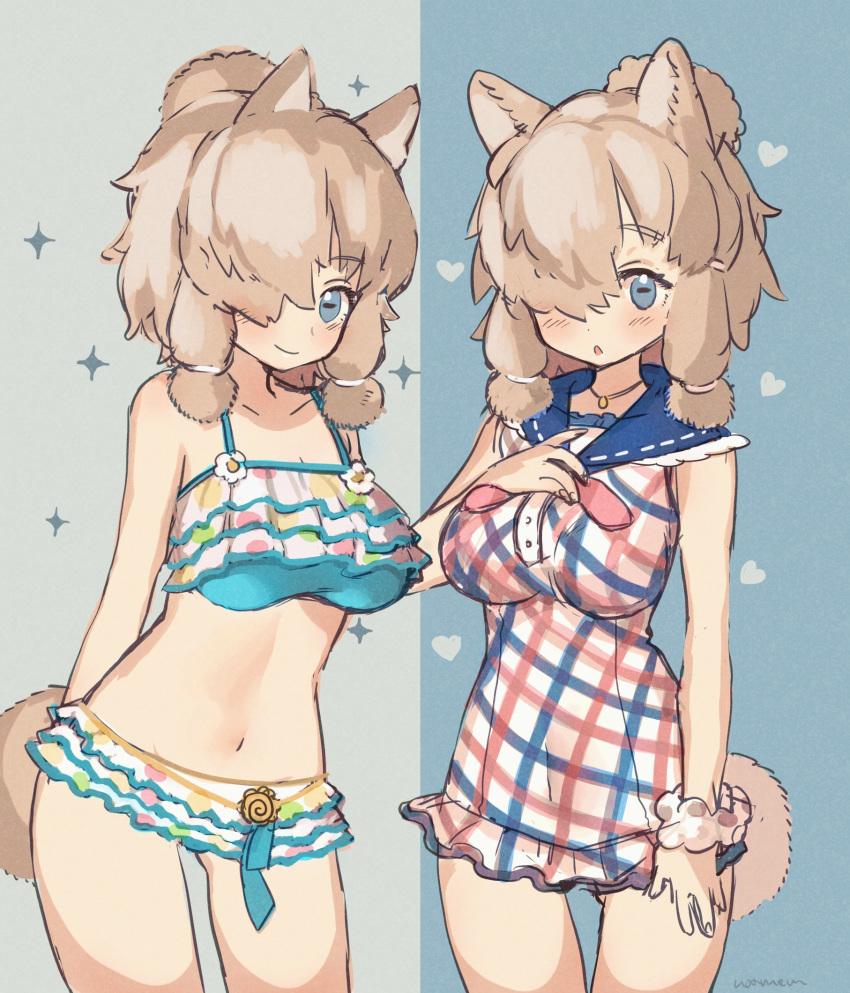 2girls alpaca_ears alpaca_girl alpaca_suri_(kemono_friends) alpaca_tail animal_ears bikini blue_eyes blue_swimsuit blush commentary_request cowboy_shot eyebrows_visible_through_hair frilled_swimsuit frills hair_bun hair_over_one_eye hair_tubes heart highres ichi001 jewelry kemono_friends kemono_friends_3 multiple_girls necklace one-piece_swimsuit plaid plaid_swimsuit red_swimsuit sailor_collar shirt short_hair sparkle swimsuit tail white_shirt white_swimsuit