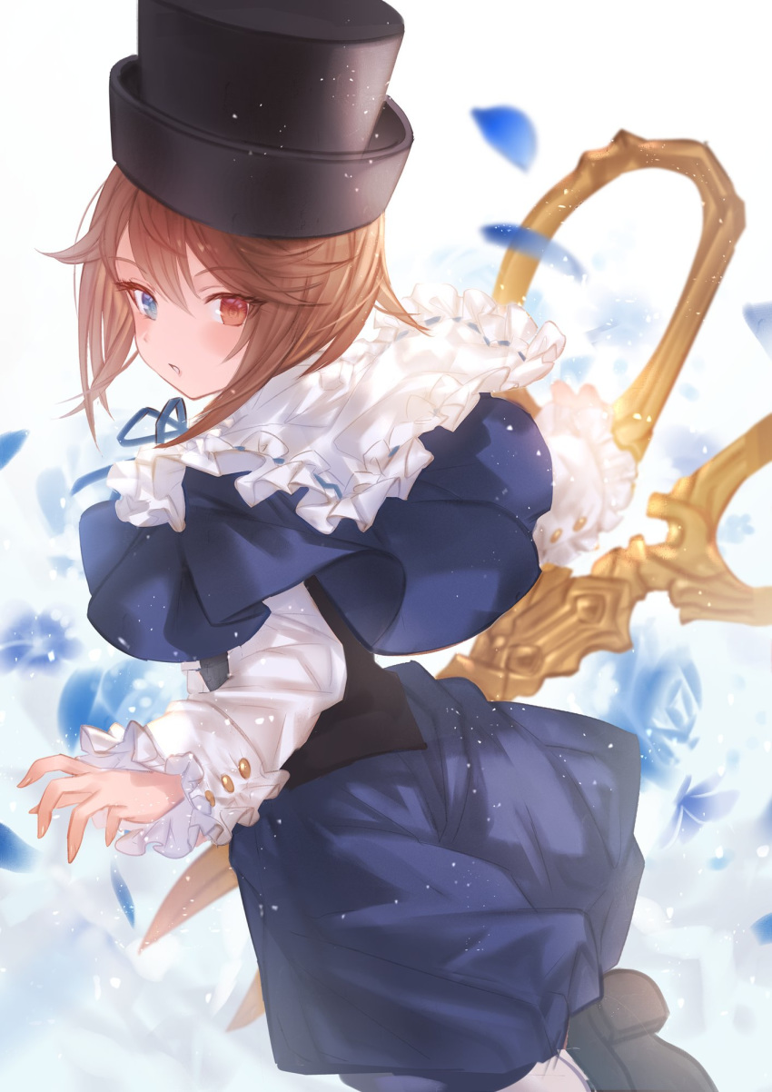 1girl brown_hair capelet frills green_eyes hat heterochromia highres long_sleeves looking_at_viewer looking_back makai_no_juumin open_mouth petals red_eyes rozen_maiden scissors short_hair solo souseiseki