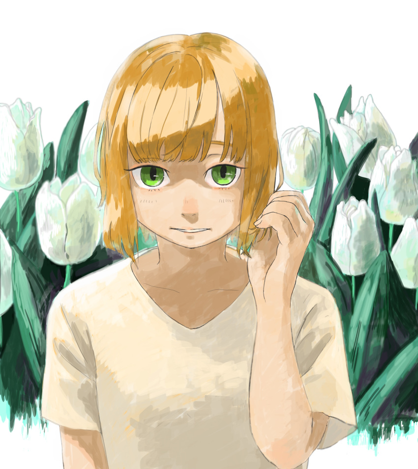 1girl absurdres arm_up bangs blush commentary_request expressionless flower green_eyes hand_up highres leaf looking_at_viewer original shirt short_hair short_sleeves simple_background solo tulip_hat turquoise_iro upper_body white_background white_flower white_shirt white_tulip