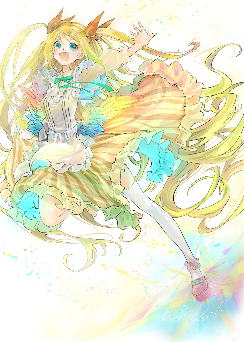 1girl absurdly_long_hair angel angel_wings ankle_scrunchie apron aqua_eyes blonde_hair bow commentary dress dutch_angle fang frilled_dress frills full_body hair_bow hair_ornament hairclip highres kagamine_rin kneehighs leg_up long_hair open_mouth orange_bow outstretched_arms pink_footwear scrunchie skirt_hold smile solo standing twintails very_long_hair vocaloid white_legwear whiteskyash wings yellow_dress