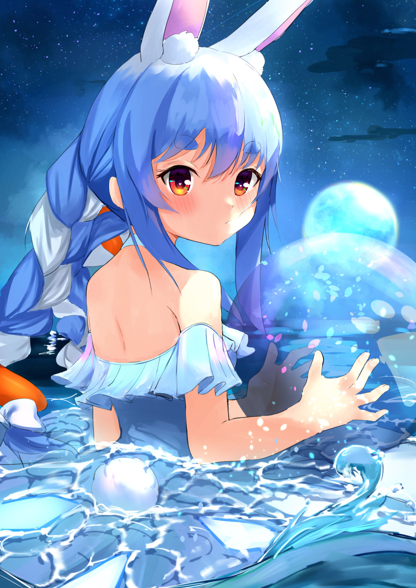 1girl absurdres animal_ear_fluff animal_ears ball bangs bare_shoulders blue_hair braid bunny_girl bunny_tail carrot_hair_ornament closed_mouth eyebrows_visible_through_hair food_themed_hair_ornament from_behind full_moon hair_ornament heart heart-shaped_pupils highres holding holding_ball hololive looking_at_viewer moon multicolored_hair night night_sky ocean orange_eyes outdoors rabbit_ears sidelocks sky solo star_(sky) streaked_hair symbol-shaped_pupils tail thick_eyebrows twin_braids twintails two-tone_hair usada_pekora virtual_youtuber water white_hair yng