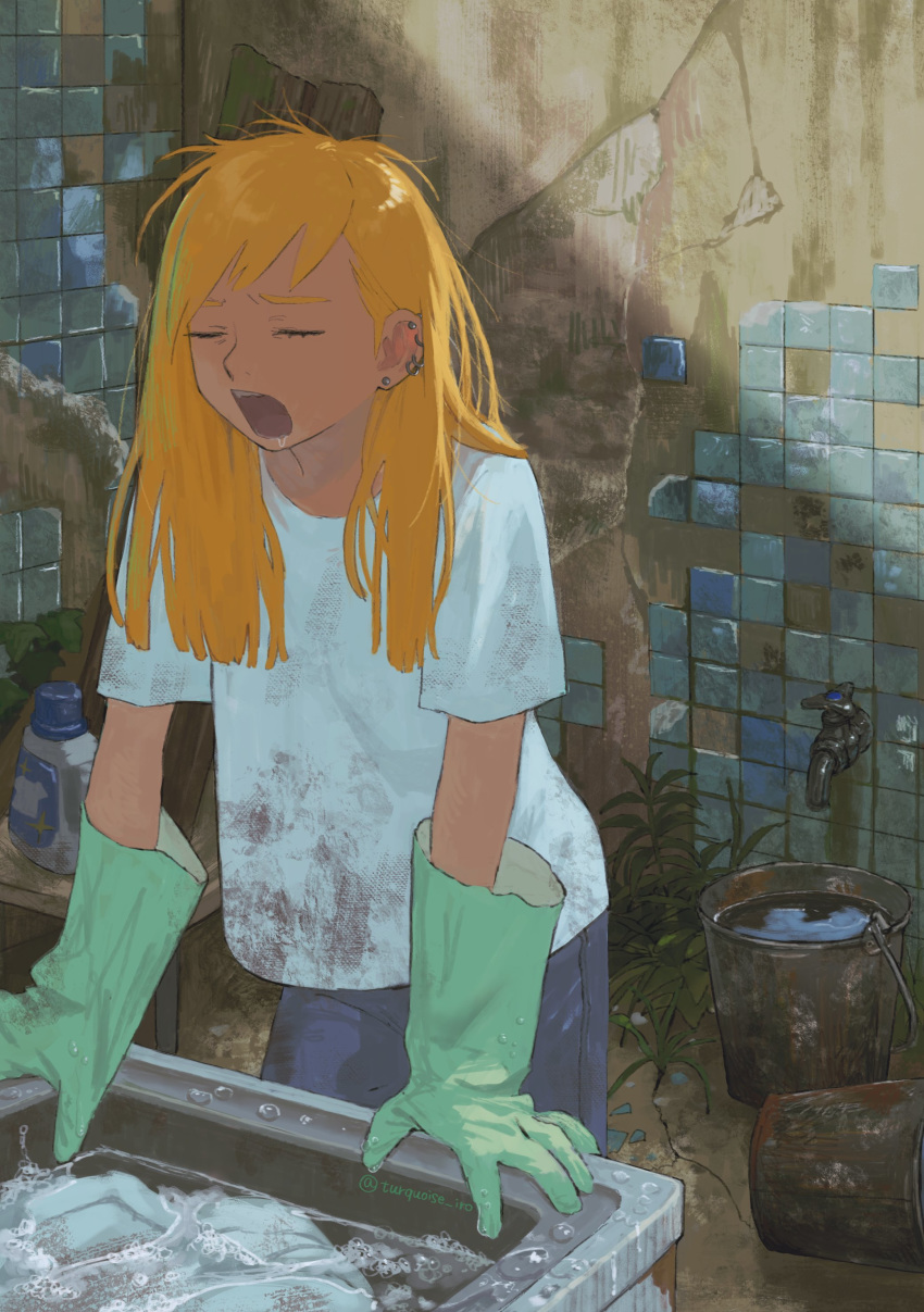 1girl absurdres blonde_hair bucket bucket_of_water closed_eyes commentary_request dirty dirty_clothes faucet gloves highres laundry long_hair open_mouth original pants rubber_gloves shirt sink solo t-shirt tile_wall tiles turquoise_iro