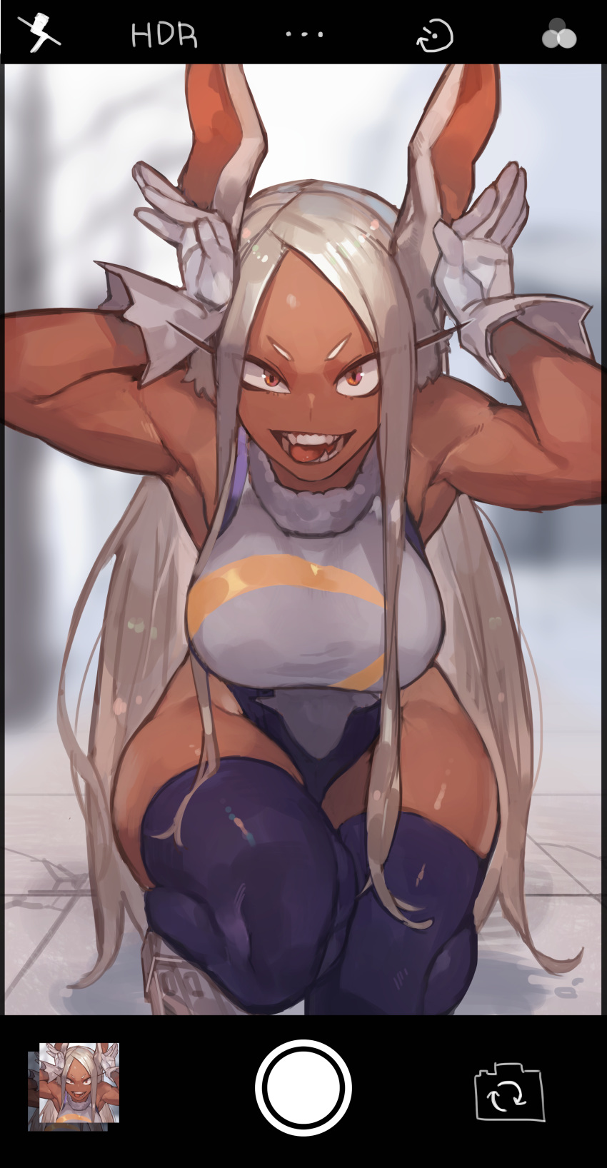 1girl absurdres animal_ears bangs boku_no_hero_academia breasts bunny_pose dark_skin highres large_breasts long_hair looking_at_viewer mirko open_mouth orange_eyes parted_bangs purple_legwear rabbit_ears smile solo squatting teeth thigh-highs tongue tongue_out uedrk_yamato white_hair