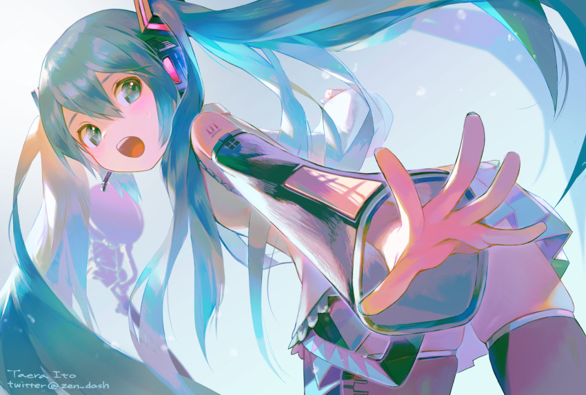 1girl aqua_eyes aqua_hair aqua_nails aqua_neckwear bare_shoulders black_legwear black_sleeves blush commentary covering detached_sleeves embarrassed from_below grey_shirt hair_ornament hatsune_miku headphones headset highres ito_taera leaning_forward long_hair looking_back miniskirt nail_polish necktie open_mouth outstretched_arm pleated_skirt shirt shoulder_tattoo skindentation skirt sleeveless sleeveless_shirt solo tattoo thigh-highs twintails twitter_username very_long_hair vocaloid zettai_ryouiki