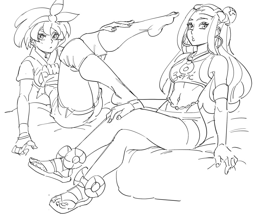 2girls bb_(baalbuddy) bow crossed_legs earrings feet gloves greyscale hand_on_leg highres jewelry leg_up long_hair looking_at_viewer midriff monochrome multiple_girls necklace pokemon pokemon_(game) pokemon_sm rurina_(pokemon) saitou_(pokemon) short_hair shorts