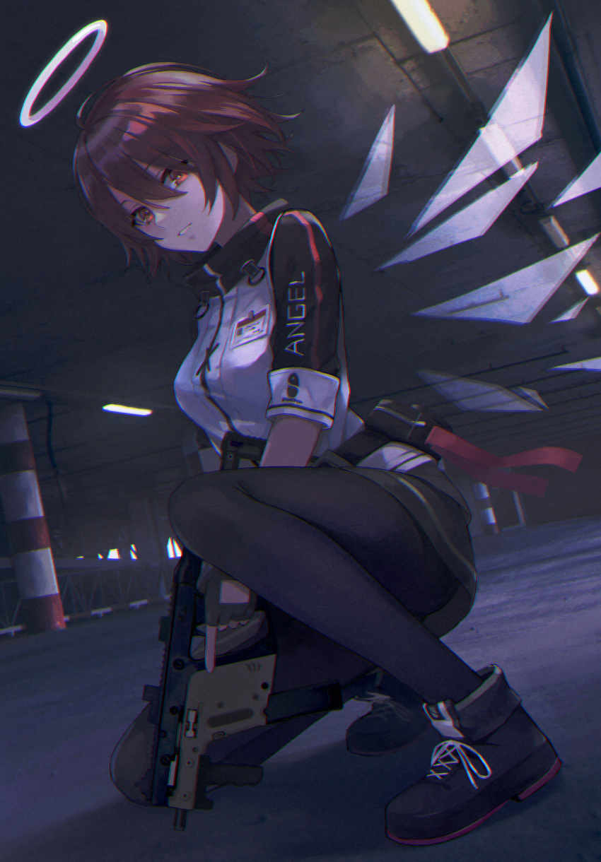 1girl absurdres arknights black_footwear black_gloves black_legwear black_skirt breasts brown_eyes commentary dutch_angle exusiai_(arknights) fingerless_gloves gloves grin gun halo highres holding holding_gun holding_weapon id_card indoors jacket kriss_vector looking_at_viewer medium_breasts miniskirt nakid panties parted_lips raglan_sleeves redhead shoes short_hair short_sleeves skirt smile solo submachine_gun trigger_discipline underwear weapon white_jacket