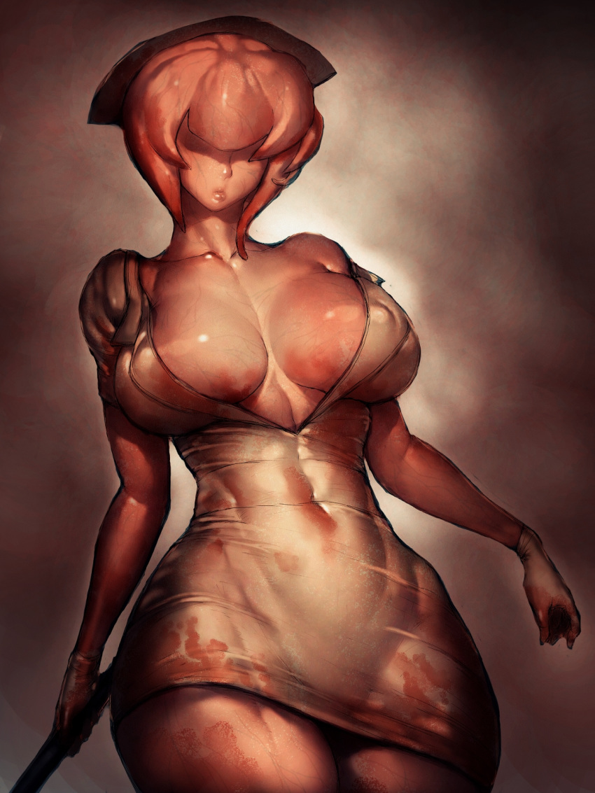 1girl breasts collarbone covered_eyes covered_navel covered_nipples curvy fumio_(rsqkr) gloves highres large_breasts looking_at_viewer nurse_(silent_hill) silent_hill solo stained_clothes thick_thighs thighs veins veiny_breasts white_gloves wide_hips