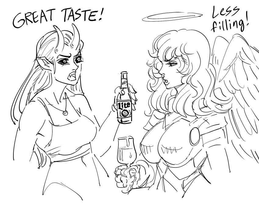 alcohol angel angel_wings bb_(baalbuddy) beer beer_bottle black_eyes champagne cup demon_girl drinking_glass greyscale halo highres jewelry long_hair monochrome necklace original pointy_ears power_armor succubus tank_top wavy_hair wine_glass wings