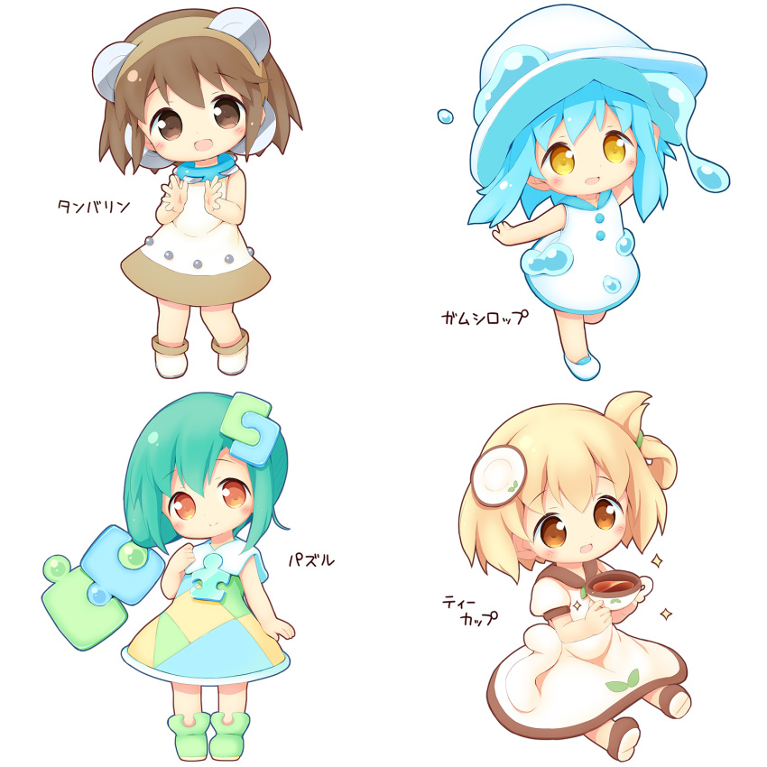 4girls :d aikei_ake bangs bare_arms bare_shoulders blonde_hair blue_hair blue_sailor_collar blush boots brown_eyes brown_footwear brown_hair chibi closed_mouth collared_dress commentary_request cup dress eyebrows_visible_through_hair green_footwear green_hair hair_between_eyes hair_ornament hand_up hat head_tilt highres holding holding_cup instrument long_hair looking_at_viewer multicolored multicolored_clothes multicolored_dress multiple_girls one_side_up open_mouth original personification puffy_short_sleeves puffy_sleeves puzzle_piece sailor_collar sailor_dress saucer shoe_soles shoes short_sleeves simple_background sitting sleeveless sleeveless_dress smile sparkle standing standing_on_one_leg tambourine teacup translation_request water white_background white_dress white_footwear white_headwear yellow_eyes