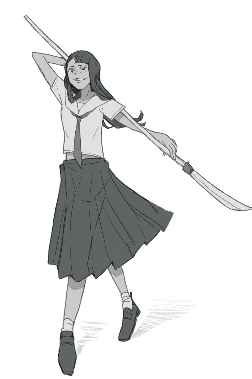 1girl asymmetrical_bangs bangs eizouken_ni_wa_te_wo_dasu_na! freckles full_body greyscale grin highres holding_naginata kanamori_sayaka long_hair looking_at_viewer monochrome naginata pleated_skirt polearm sailor_collar school_uniform shio_(siosui0524) skirt smile weapon