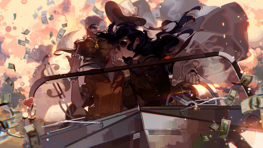 2girls black_hair bracelet brown_hair car chain closed_eyes collared_shirt commentary_request driving explosion gloves ground_vehicle heart jewelry kawacy kiss long_hair middle_finger motor_vehicle multiple_girls pipimi poptepipic popuko ring shirt sunglasses white_gloves yuri